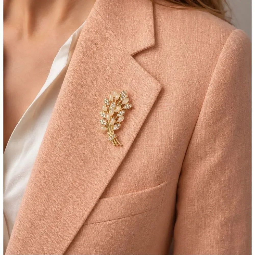 Golden Wheat Sheaf Brooch with Crystal Accents